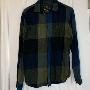 Blue Green Plaid Flannel Mens Size S